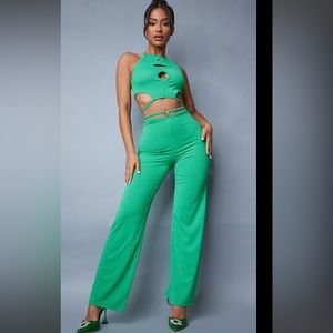 Petite Green Ribbed Ring Detail Cut Out Pants & shirt